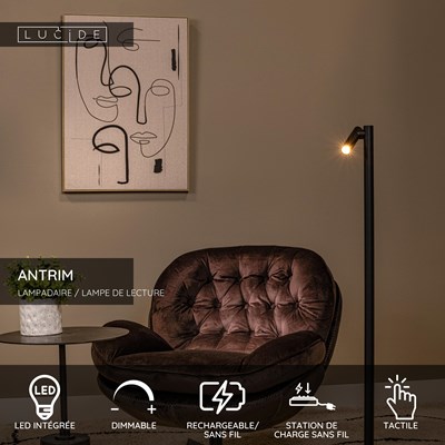 Lucide ANTRIM - Lampadaire / lampe de lecture Rechargeable Intérieur/Extérieur - Batterie/Piles - LED Dim. - 1x2,2W 2700K - IP54 - Avec station de charge sans fil - Noir